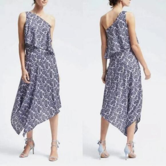 Banana Republic One Shoulder Asymmetrical Blue Paisley Dress | Women's 8 - Picture 2 of 10